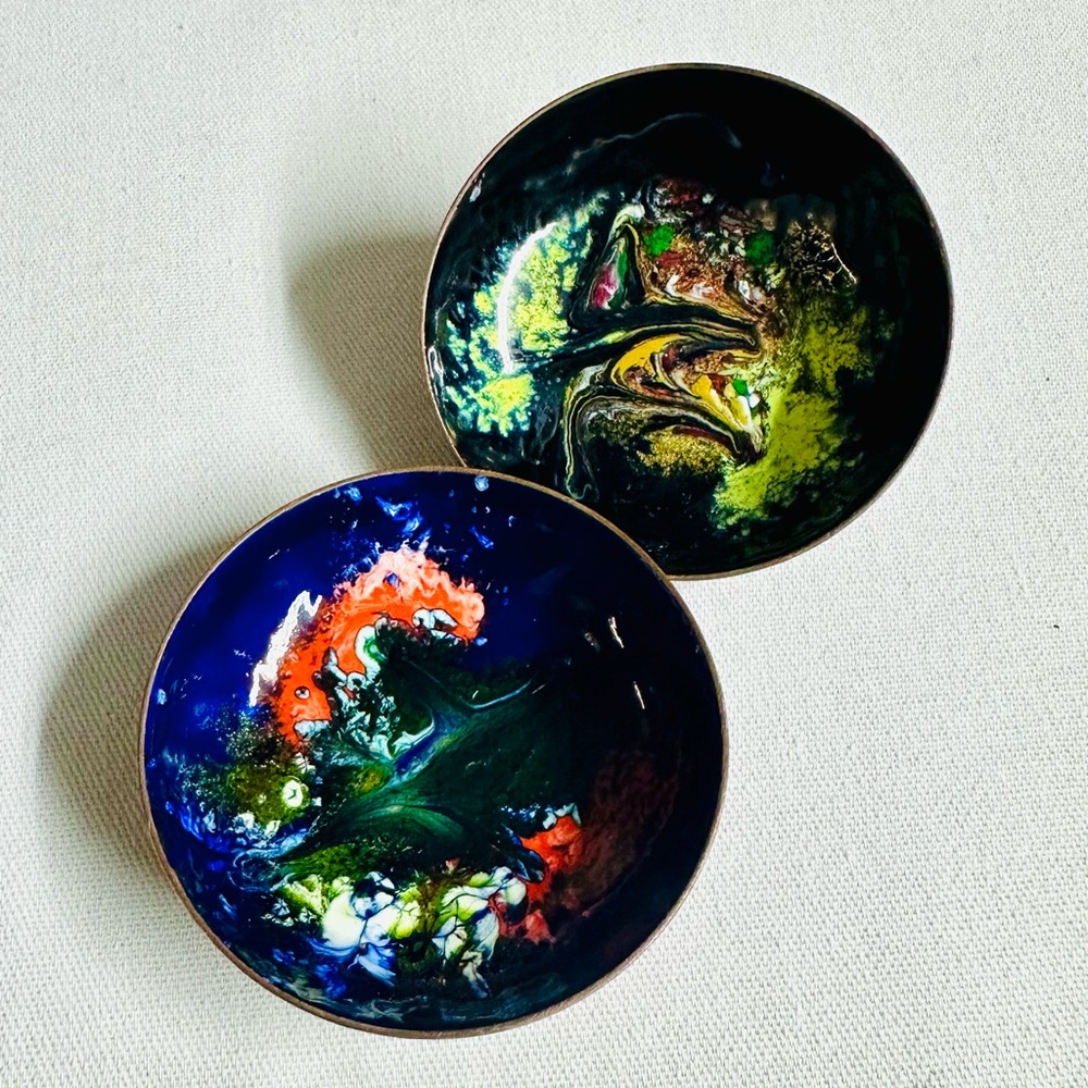 Enamel Copper 2.25” Made in Chille Mini Trinket Dish Bowls Lot of Two